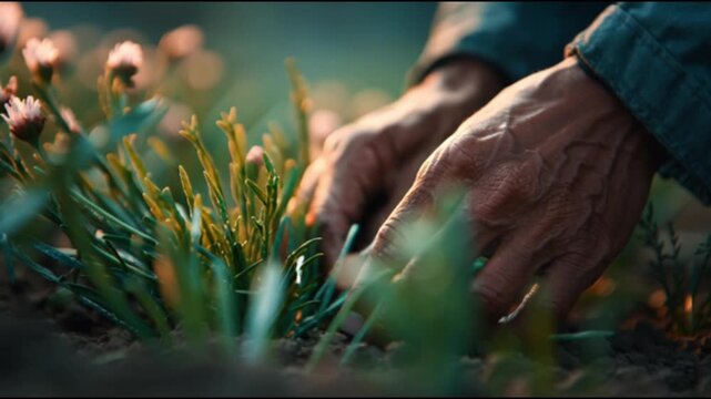 A cinematic close-up view of a farmer&rsquo;s hardworking hands carefully selecting and picking crops in a lush green field, showcasing the dedication, texture, and beauty of authentic agricultural life
