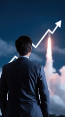 Fototapeta premium Businessman gazing at a rocket launching with a rising graph in the background, symbolizing growth