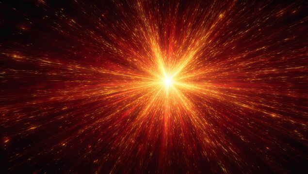 A fiery explosion of red and orange colors, abstract, Fiery explosion in space. Abstract fiery explosion of light with radiating beams and particles