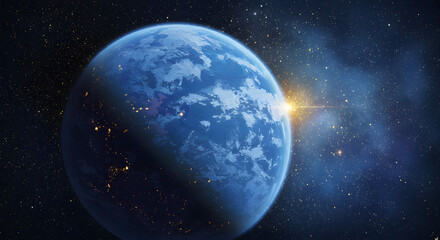 Obraz premium Celestial Dawn: An awe-inspiring depiction of a vibrant blue planet rising against a backdrop of the cosmos, illuminated by the first light of a new day.