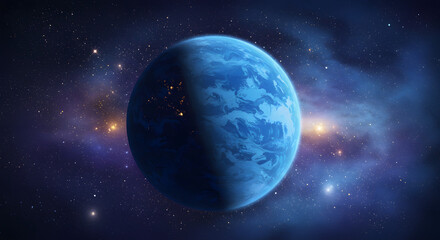 Naklejka premium Celestial Azure: A solitary blue planet, enveloped in the inky embrace of the cosmos, showcases the stunning beauty of the universe.