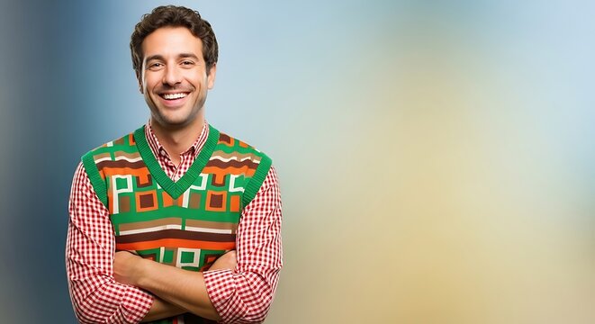 Man smiling with arms crossed wearing a green patterned sweater vest and a red checkered shirt posing