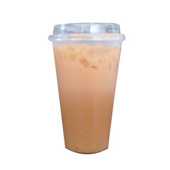 A plastic cup filled with iced chocolate with milk and ice cubes isolated on a transparent background. This refreshing, cold drink is perfect for cafe menus, advertisements, and beverage designs.