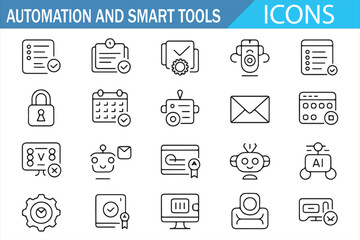 Collection of linear icons for smart tools, automation, and digital communication systems.