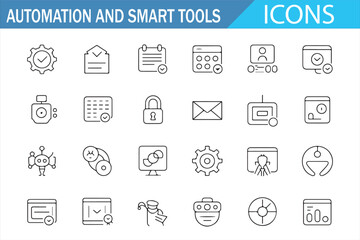 Set of automation and smart tools icons depicting AI, robots, and digital security.