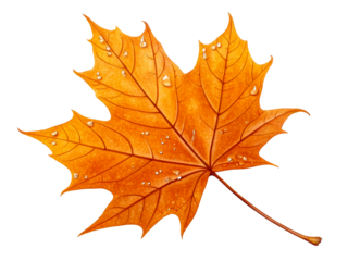 Orange Maple Leaf with Water Droplets on White Background