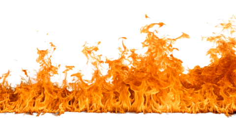 Intense orange fire flames consume dark ground with white background