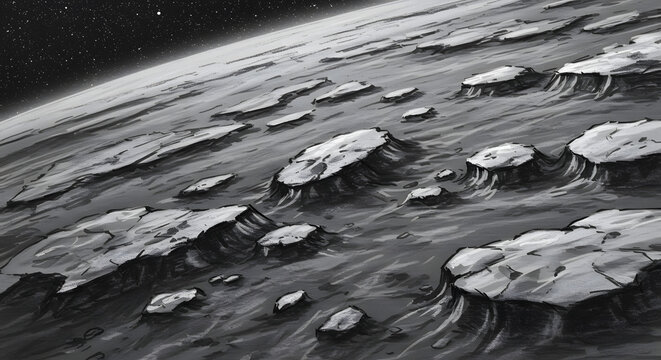 Alien Planet Surface: An evocative monochrome illustration of an alien world's surface, textured with rocky formations and a curved horizon.