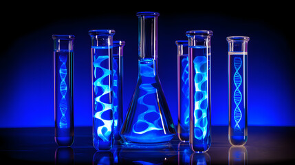 Tubo de ensayo con doble hélice de ADN iluminada en entorno científico