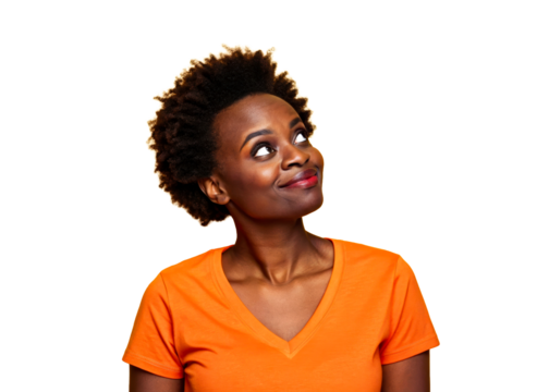 Black Woman with Natural Hair Smiling and Looking Up