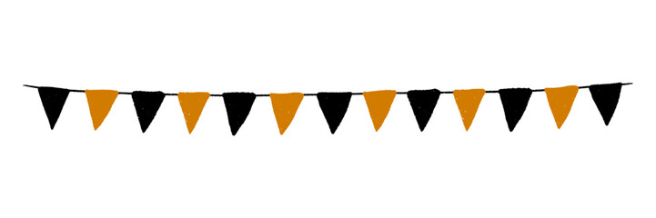 Halloween pennant garland and bunting flags banner for party holiday decor. Hand drawn black and orange rope chain. Autumn fairground template for spooky card design. Isolated vector illustration