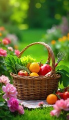 Delightful Garden Picnic Fresh Produce, Blooming Flowers, and Gardening Tools