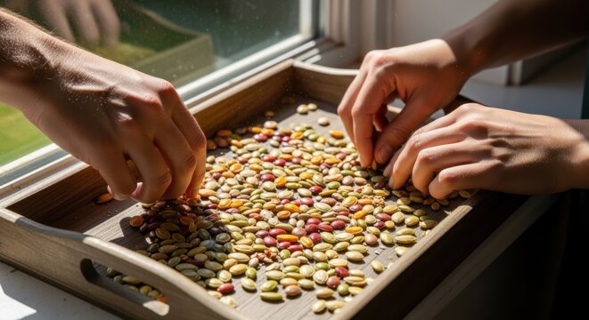 Medium shot of hands carefully spreading vibrant heirloom seeds on a rustic wooden tray for natural air drying in a sunlit room.