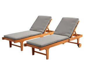 High quality photo of two wooden outdoor lounge chairs with cushions isolated on transparent background