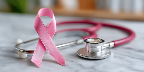 Pink ribbon symbolizing cancer awareness lies next to a stethoscope on a white desk, representing health, prevention, and support for World Cancer Day initiatives