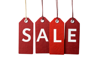 Four red price tags spelling out SALE