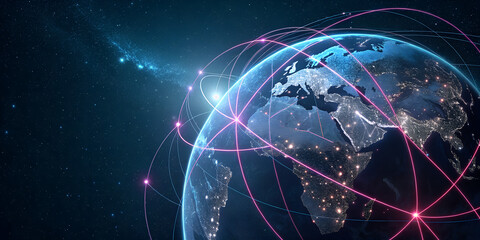 Abstract 3D Render of Global Data Network with Geometric Satellites and Glowing Neon Data Streams on Dark Space Background