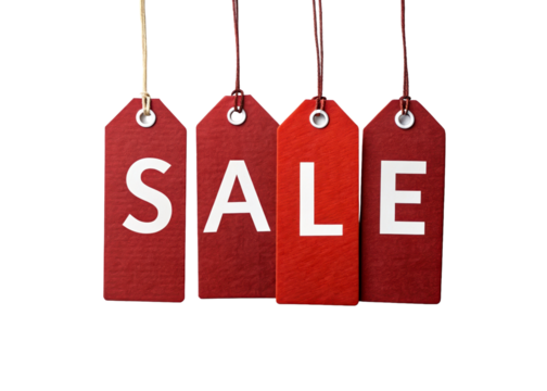 Four red price tags spelling out SALE