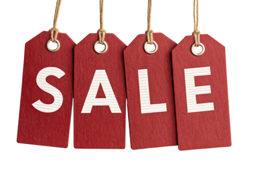 Four hanging red tags spelling out SALE