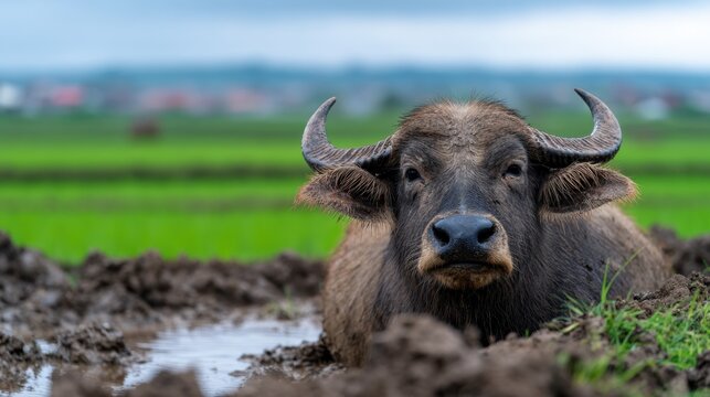A serene water buffalo resting in a muddy field, surrounded by lush green rice paddies under a cloudy sky