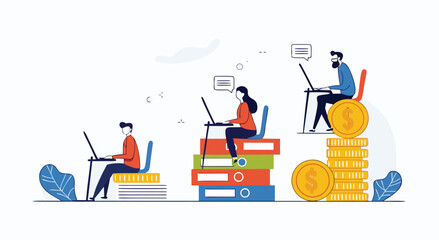 People working on laptops on stacks of books and money.

