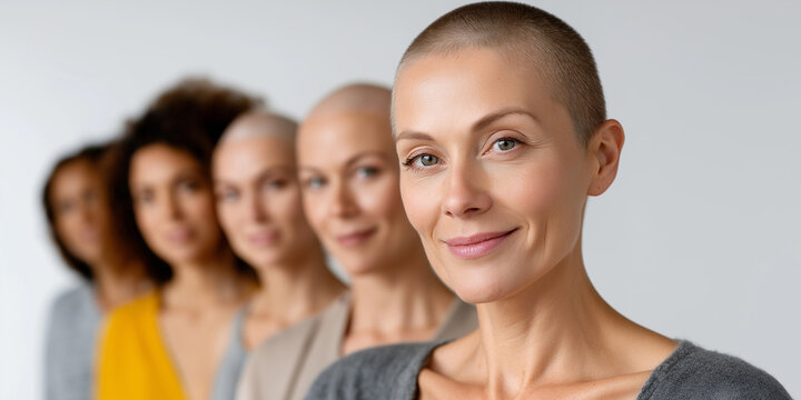 Group of diverse women with bald heads standing together, showcasing strength and unity for World Cancer Day, promoting awareness, prevention, and support for cancer treatment