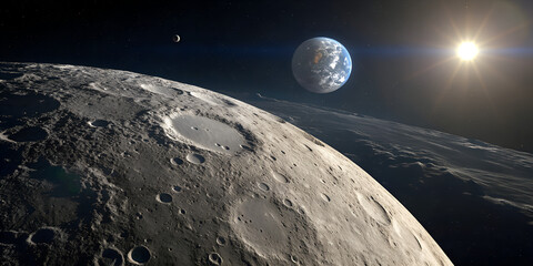 Lunar Orbit View from Satellite with Moon Craters and Earthrise, Golden Foil Structure and Anamorphic Lens Flare