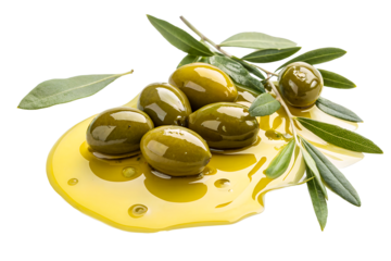 Green Olives and Golden Oil with Leaves