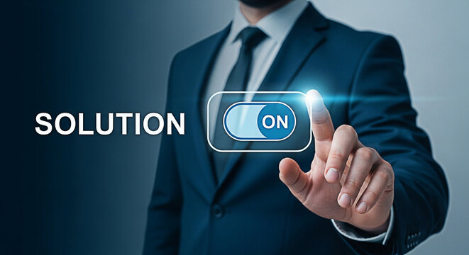 Businessman activating a solution with a digital interface on a dark blue background showing innovation and technology at work