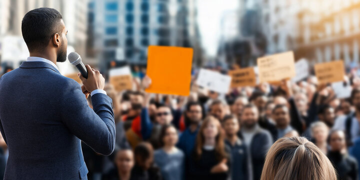 Young african american man speaking passionately at a protest rally in a busy urban setting, engaging with the crowd and advocating for change