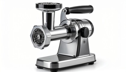 A realistic stainless steel garlic mincer with removable chamber and black handle isolated on white background
