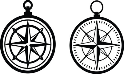 Compass vector icons set, black outline navigation symbols on white background