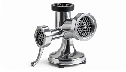 A realistic stainless steel garlic mincer with removable chamber and black handle isolated on white background
