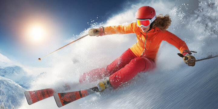 Dynamic skier in vibrant orange outfit racing down snowy slope, showcasing athleticism and speed in a thrilling winter competition with breathtaking mountain backdrop