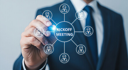 Businessman planning a kickoff meeting with team members using a visual diagram for effective collaboration and project management strategy