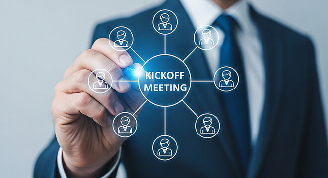 Businessman planning a kickoff meeting with team members using a visual diagram for effective collaboration and project management strategy