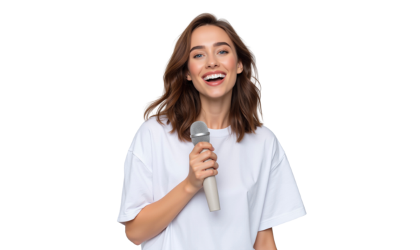 Joyful young woman holding a microphone and singing, isolated on transparent background