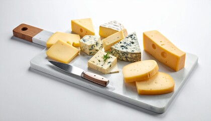 A realistic marble cheeseboard with cheese knife and assorted cheese slices isolated on white background
