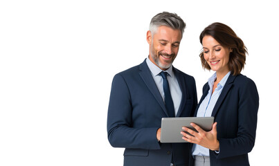 Two smiling business professionals collaborating and looking at a tablet together, isolated on white background