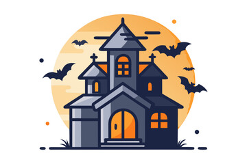 spooky mansion with tilted roofs glowing in dark night