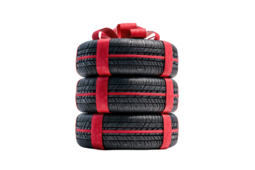 High quality photo of stacked tires wrapped with red ribbon isolated on transparent background