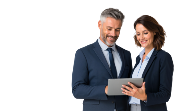 Two smiling business professionals collaborating and looking at a tablet together, isolated on white background