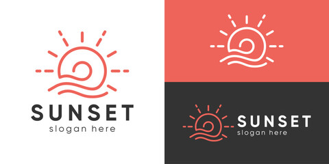 Creative simple sunset logo template. Sun and wave with linear style. Sun sea logo design vector illustration.