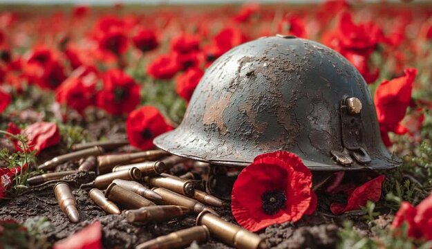 War helmet and red poppy field symbolize remembrance and tribute to veterans. Bullets, bullet shells lie on ground