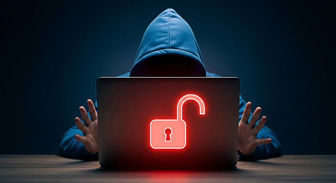 Hacker using laptop with open padlock symbol representing cybersecurity breach and data theft in the digital age of online vulnerability