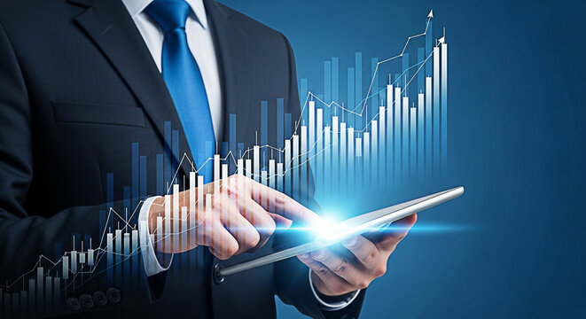 Businessman analyzes financial growth data on a tablet with rising graph overlaying the scene showing market success and investment strategy