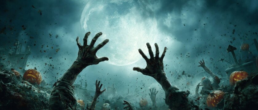 Lunar haunting: the night of the rising undead in a spooky graveyard. Scifi poster. Dark reverie: subtle dance of zombie hands with a mystical halloween moon. Movie artwork. Film poster.