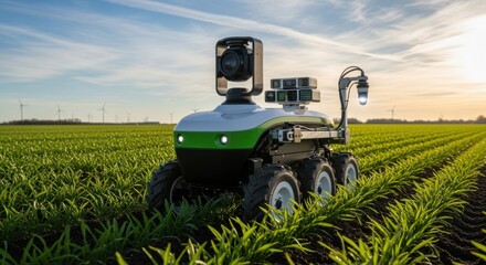 Obraz premium Medium shot showing agricultural robot monitoring crop health with integrated sensors in an expansive farm setting