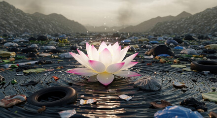 Beautiful Lotus Flower Blooming in Polluted Waste Water and Garbage