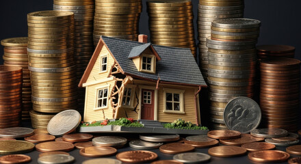 Miniature House Model Surrounded by Stacks of Gold and Copper Coins